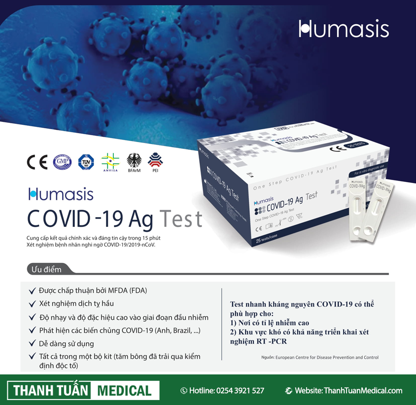 Humasis covid-19 Ad test là một trong những loại kit test nhanh Covid-19 của Hàn Quốc được Bộ Y Tế cấp phép và được sử dụng rộng rãi