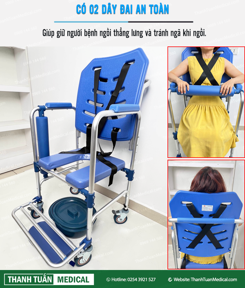 Thiết kế 2 dây đai an toàn giúp giữ người bệnh ngồi thẳng lưng và tránh ngã