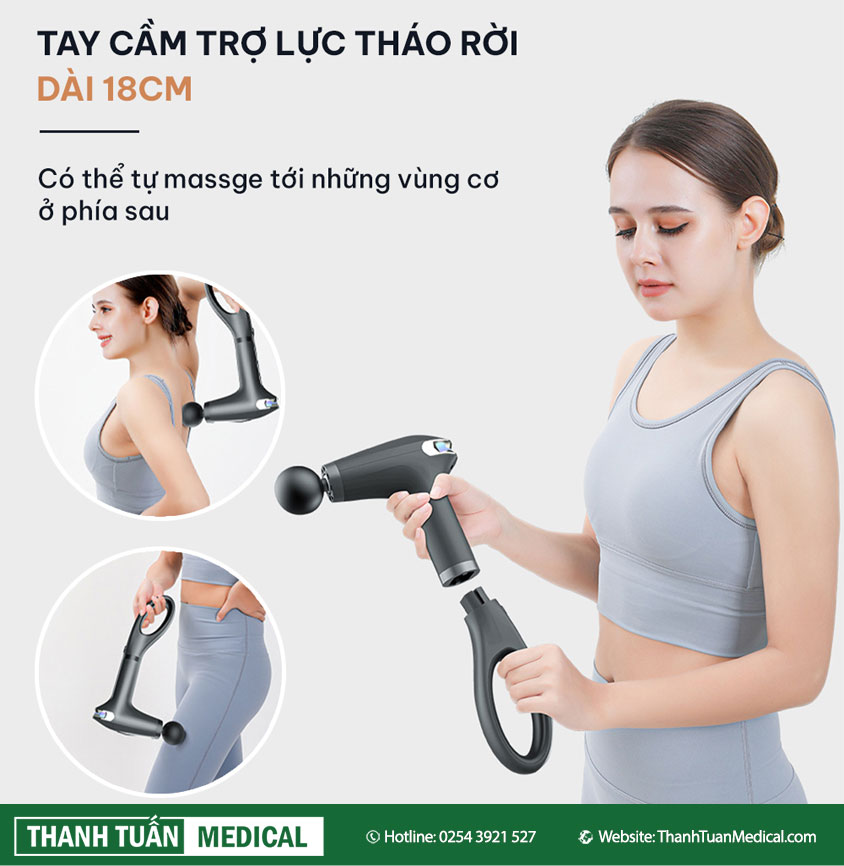 Có tay cầm trợ lực dài 18cm giúp massage các nhóm cơ khó tiếp cận như lưng, cổ, vai