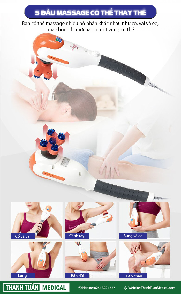 Máy có 5 đầu riêng biệt thích hợp cho hiệu quả tối ưu trên từng vùng cơ thể Máy có 5 đầu riêng biệt thích hợp cho hiệu quả tối ưu trên từng vùng cơ thể
