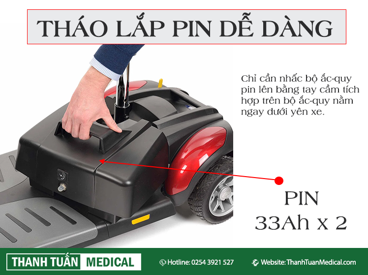 Dung lượng pin 33Ah giúp xe di chuyển đến 30km khi sạc đầy