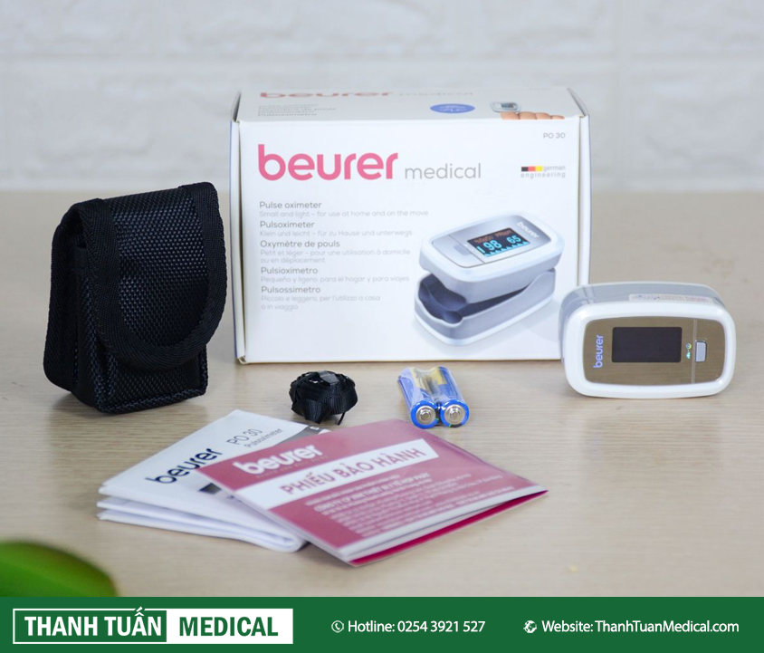Trọn bộ sản phẩm máy đo nồng độ oxy và nhịp tim Beurer PO30