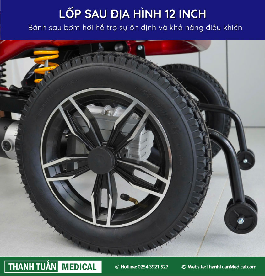 Bánh sau bơm hơi hỗ trợ sự ổn định và khả năng điều khiển