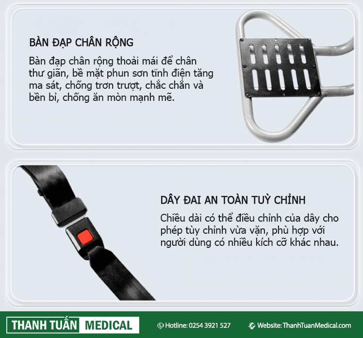 Bàn đạp chân rộng và dây đai an toàn được gia cố Bàn đạp chân rộng và dây đai an toàn được gia cố