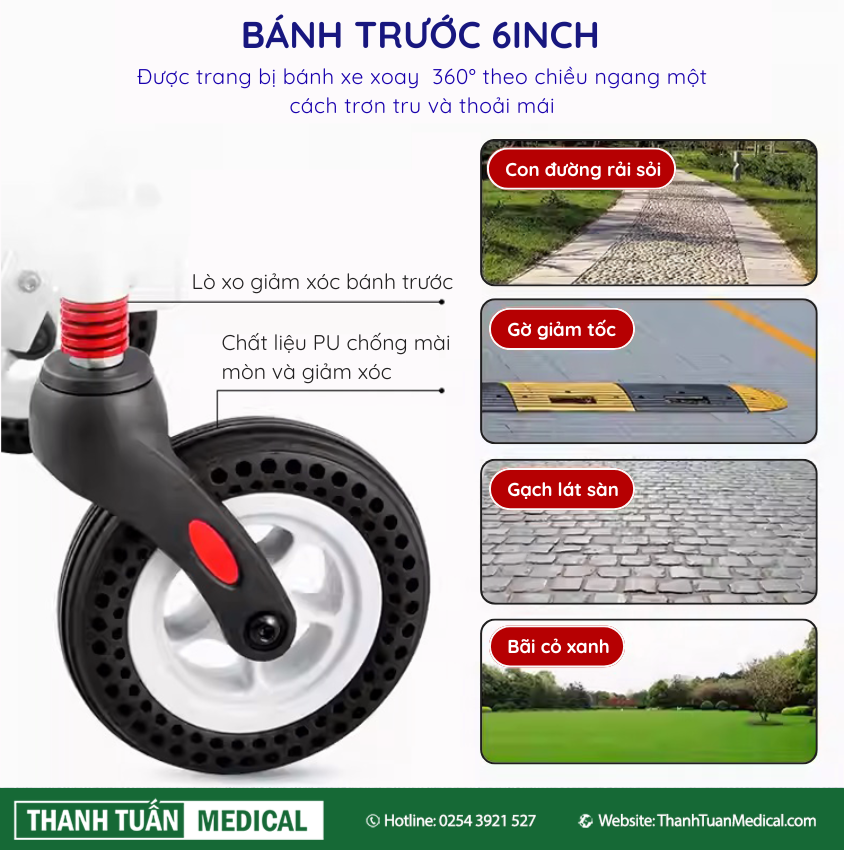 Bánh trước 6inch được thiết kế dạng tổ ong và có lò xo giảm chấn Bánh trước 6inch được thiết kế dạng tổ ong và có lò xo giảm chấn