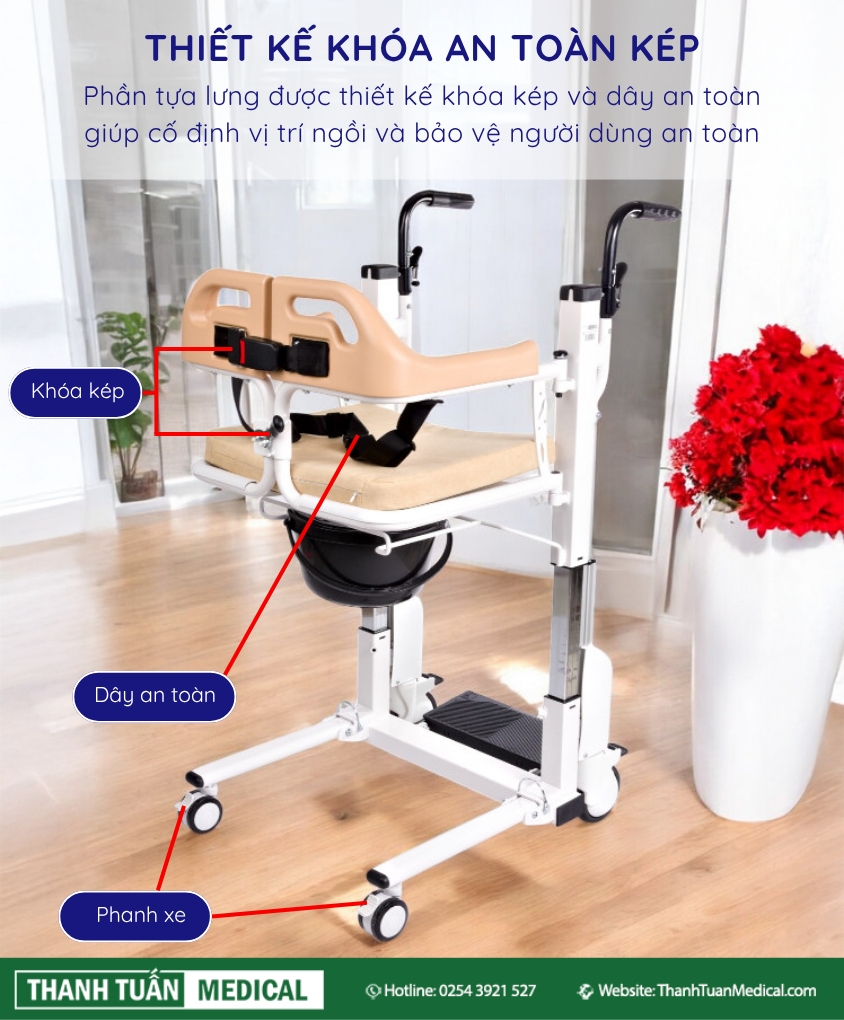 Phần tựa lưng sử dụng thiết kế kép gồm khóa và dây an toàn